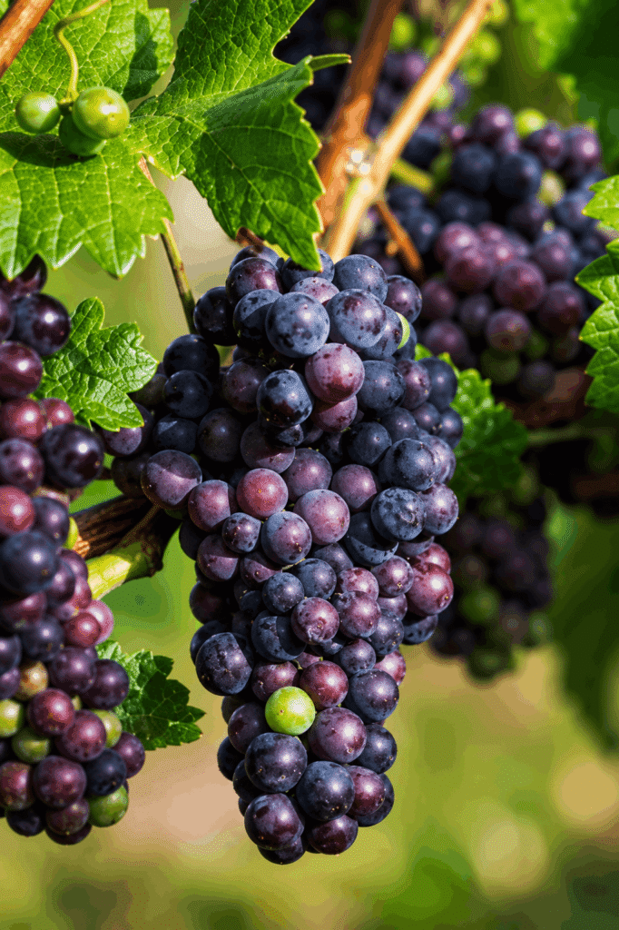 A cluster of ripe grapes hanging from a green vine