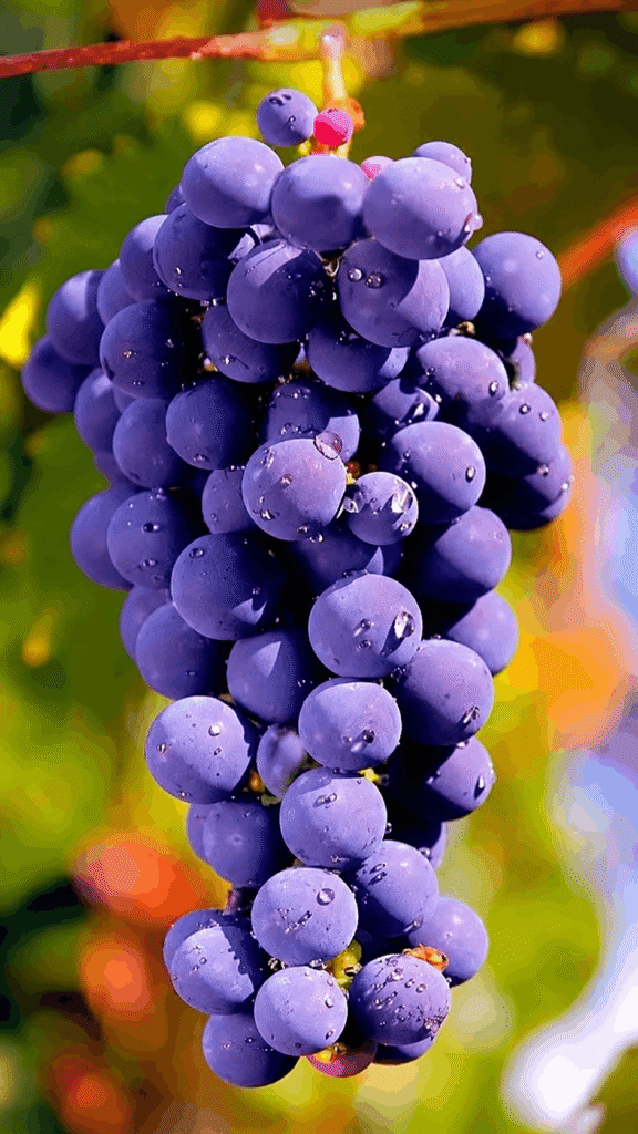 A cluster of ripe purple grapes hanging from a green vine