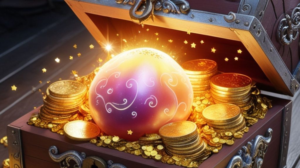 A cute blox fruit placed in a treasure box with aesthetic theme blox fruits wallpaper