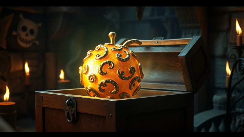 A golden fruit placed in a treasure box with vintage pirate theme blox fruits wallpaper