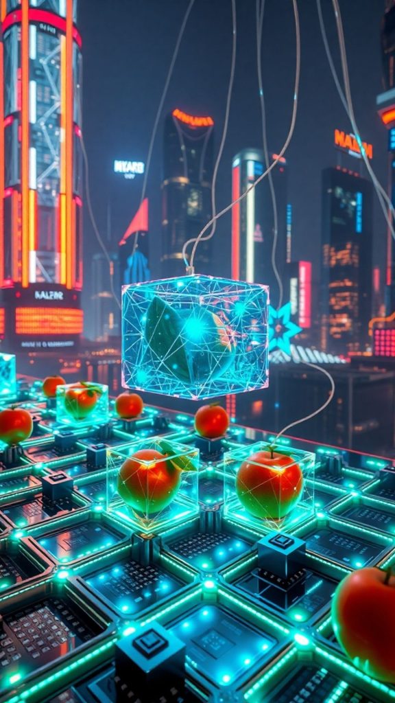 A majestic fruit in a digital box with digital city theme blox fruits wallpaper