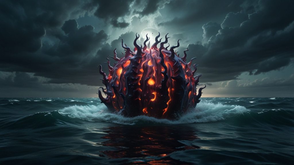 A majestic fruit placed in ocean with stormy themed blox fruits wallpaper