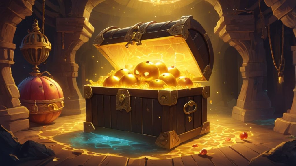 A treasure box filled with golden fruit and ancient themed background blox fruits wallpaper