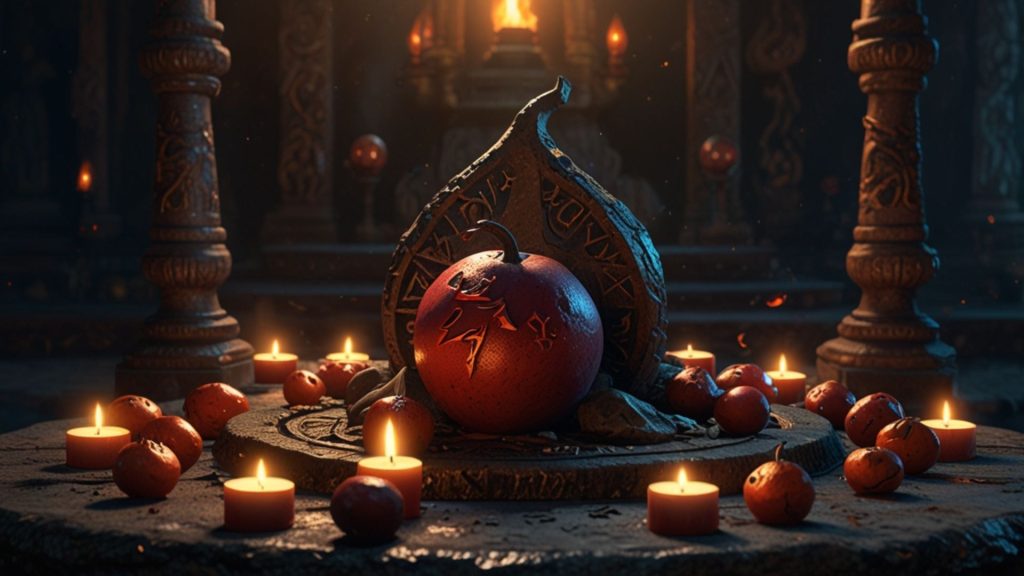 A vibrant fruit placed in ancient themed placed blox fruits wallpaper