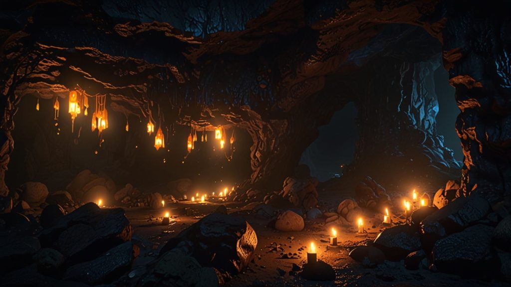A view of ancient themed cave with lights blox fruits wallpaper