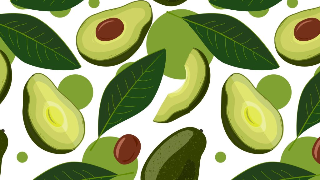 Aesthetic avocados with leaves and green dots on white background avocado wallpaper
