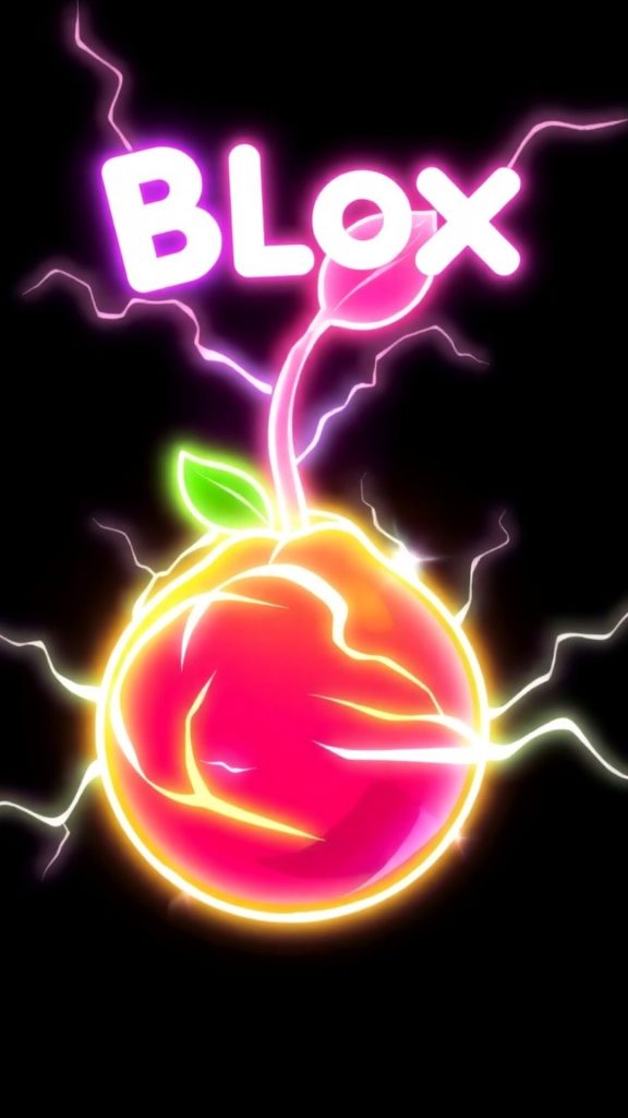 Blox in pink neon colour written on black background with glowing fruit blox fruits wallpaper
