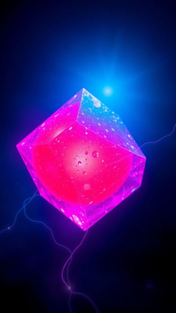 Blue and pink glowing fruit in crystal box with blue neon light and black background blox fruits wallpaper