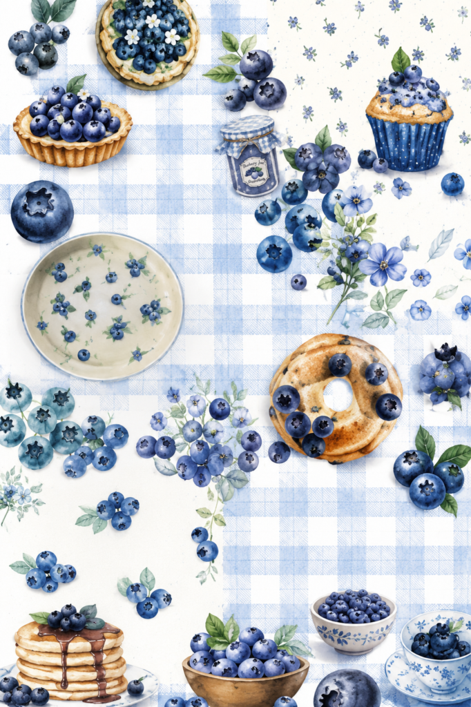Blueberry-themed watercolor kitchen pattern