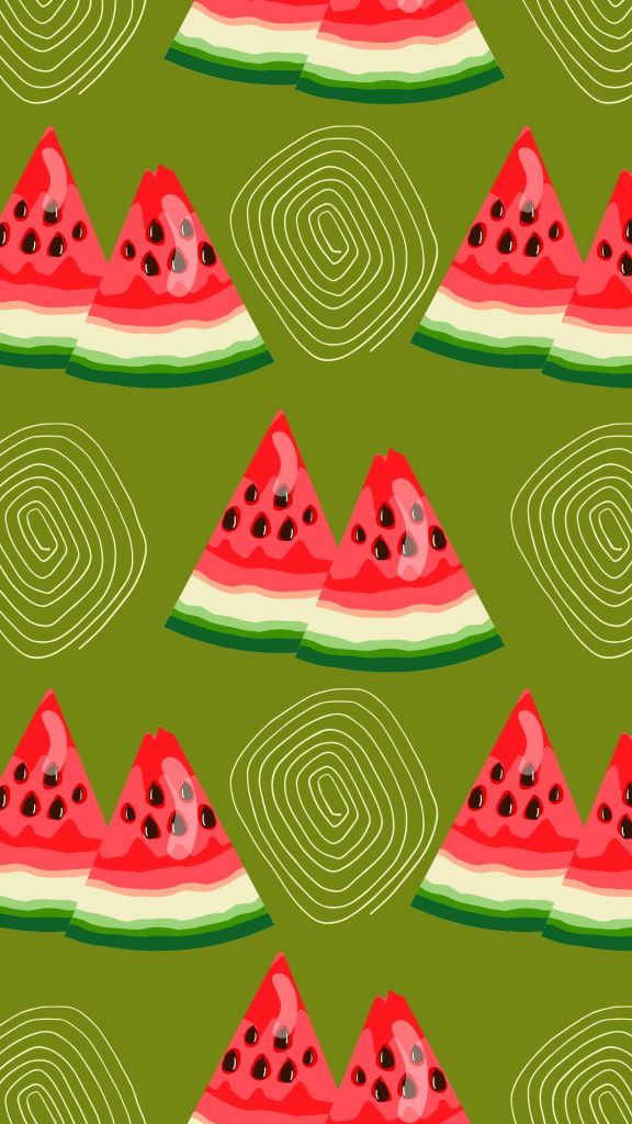 Cute watermelon pieces with round patterns and green background watermelon wallpaper