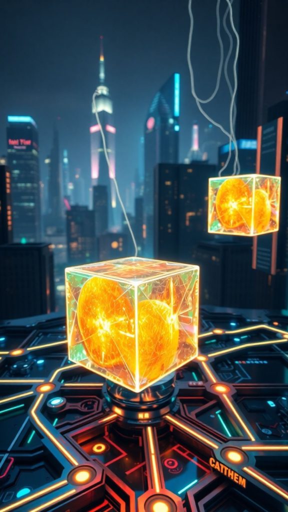 Digital blocks with glowing fruits and digital city background blox fruits wallpaper