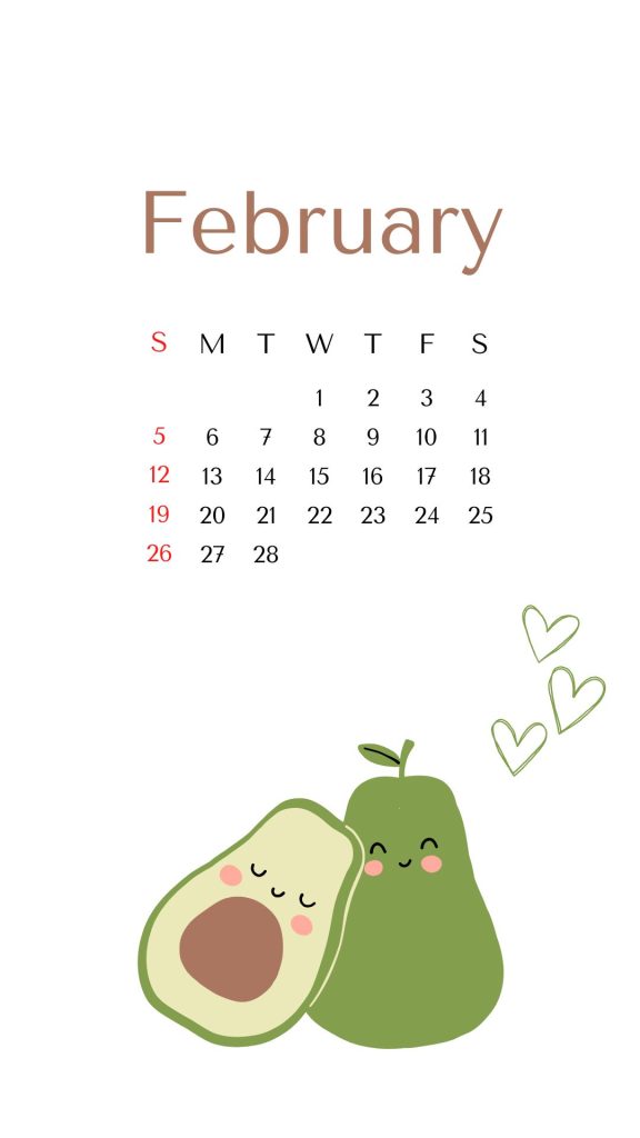 February calendar with cute avocados and white background avocado wallpaper