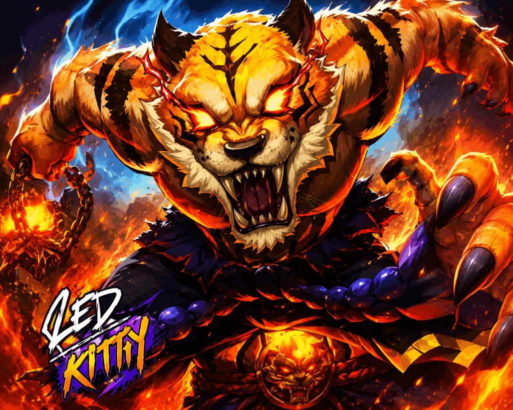 Fierce tiger warrior in fiery rage