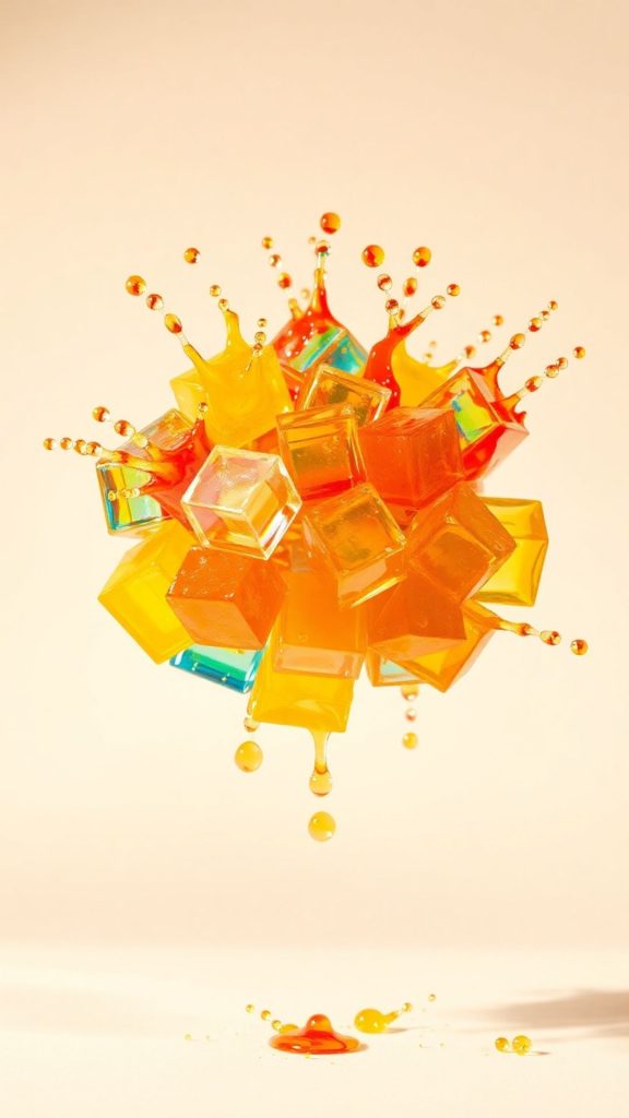 Fruit cubes with splashing juice and peach pink background blox fruits wallpaper