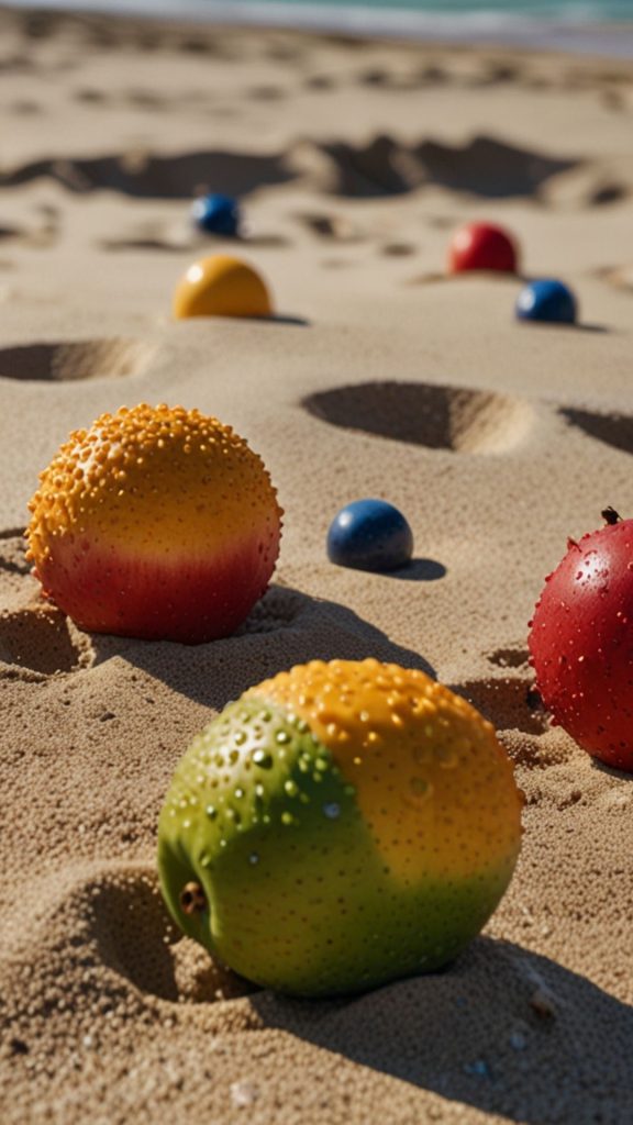 Fruits placed on beach sand with beachy background blox fruits wallpaper