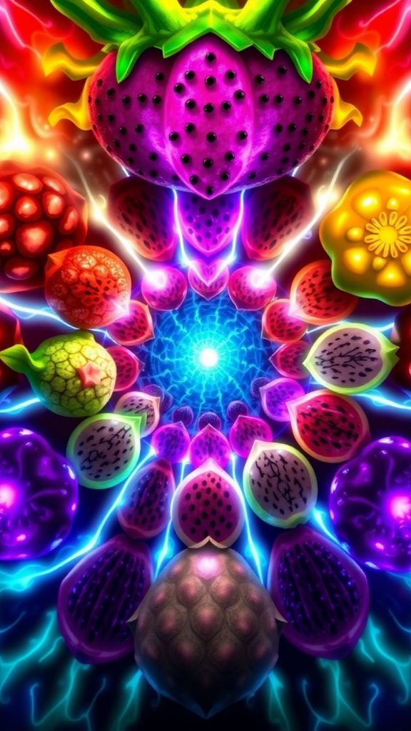 Glowing fruits with glowing and sparkling galaxy background blox fruits wallpaper