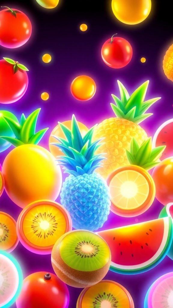 Glowing magical fruits with purple shaded background blox fruits wallpaper