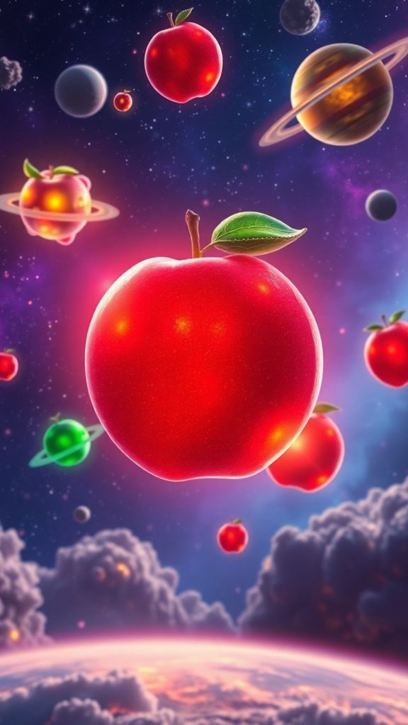 Glowing red apple with other fruits themed as planets in galaxy blox fruits wallpaper