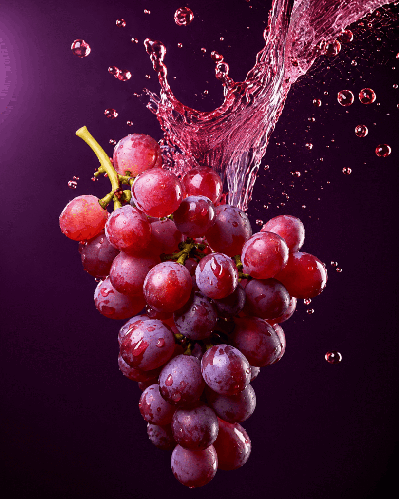 Grapes splashing water against a vibrant purple background
