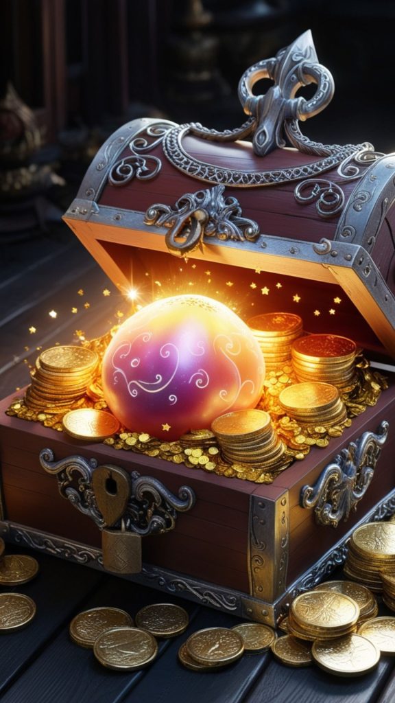 Hidden treasure box with a magical fruit placed with gold coins blox fruits wallpaper