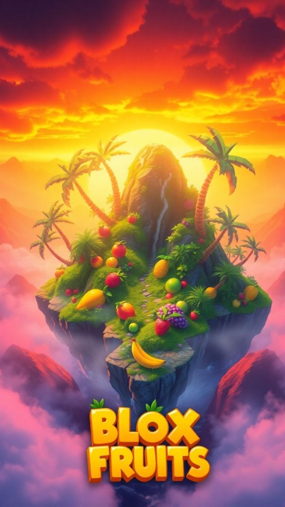 Island with fruits and blox fruits written with pink themed background blox fruits wallpaper