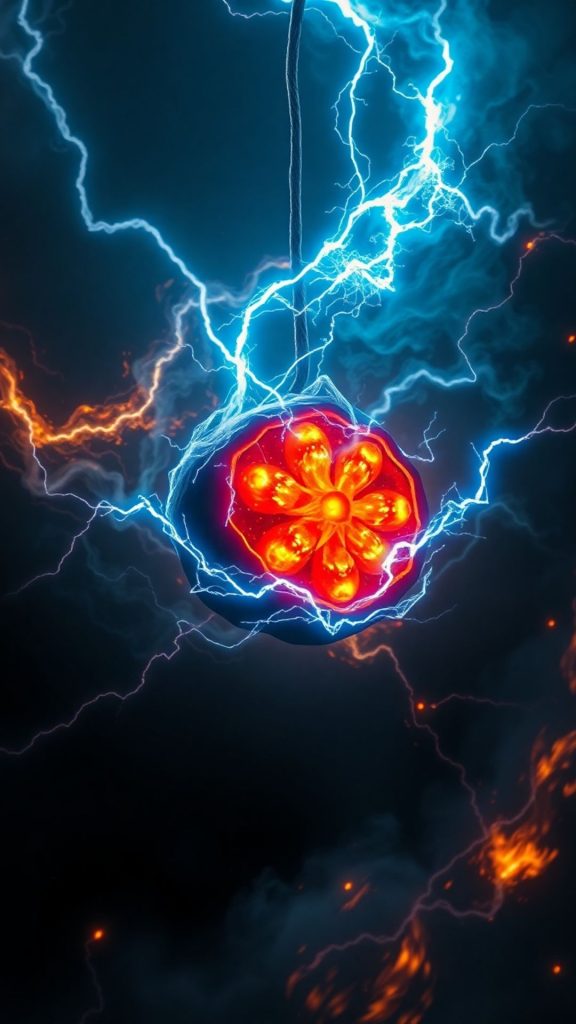 Lightning orange fruit with blue sparkles and galaxy themed background blox fruits wallpaper