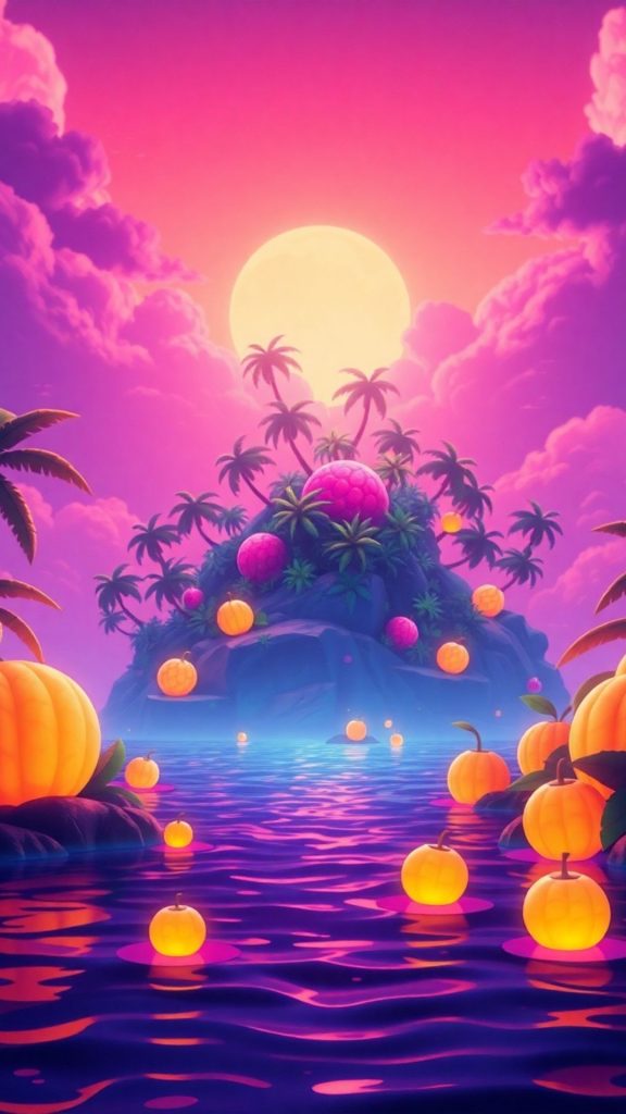 Magical aesthetic island with sun and pink background blox fruits wallpaper