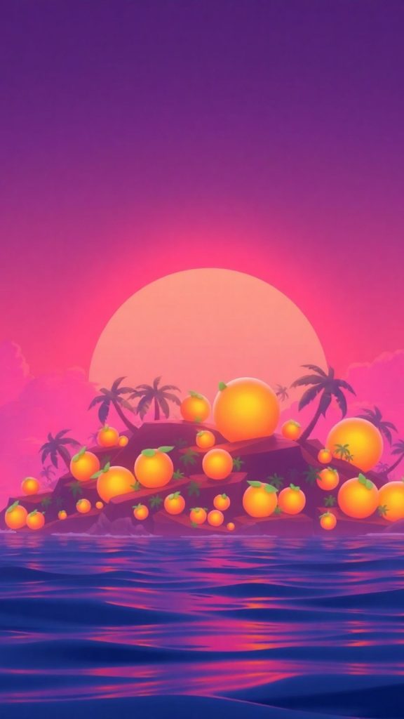 Magical island with glowing fruits and pink aesthetic themed background blox fruits wallpaper