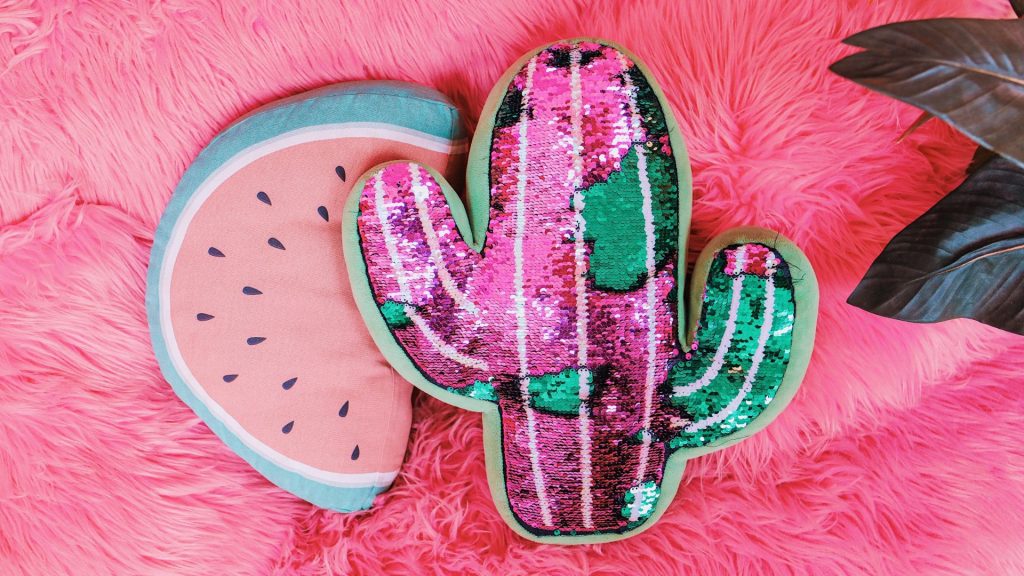 Pink fluffy background with watermelon and cactus cushion watermelon wallpaper