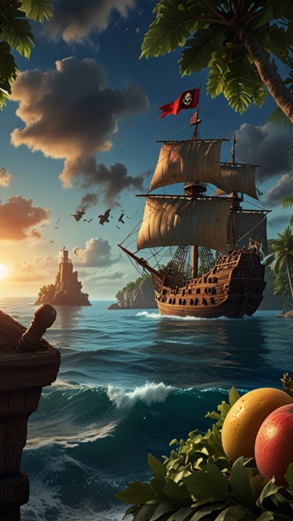 Pirate themed wallpaper with pirate ships and fruits blox fruits wallpaper