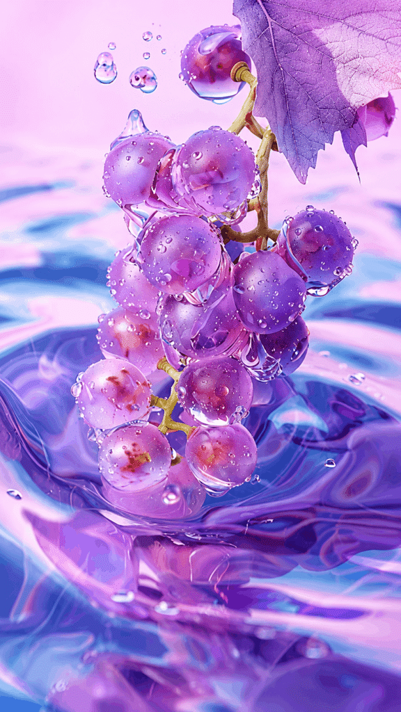 Purple grapes floating in clear water