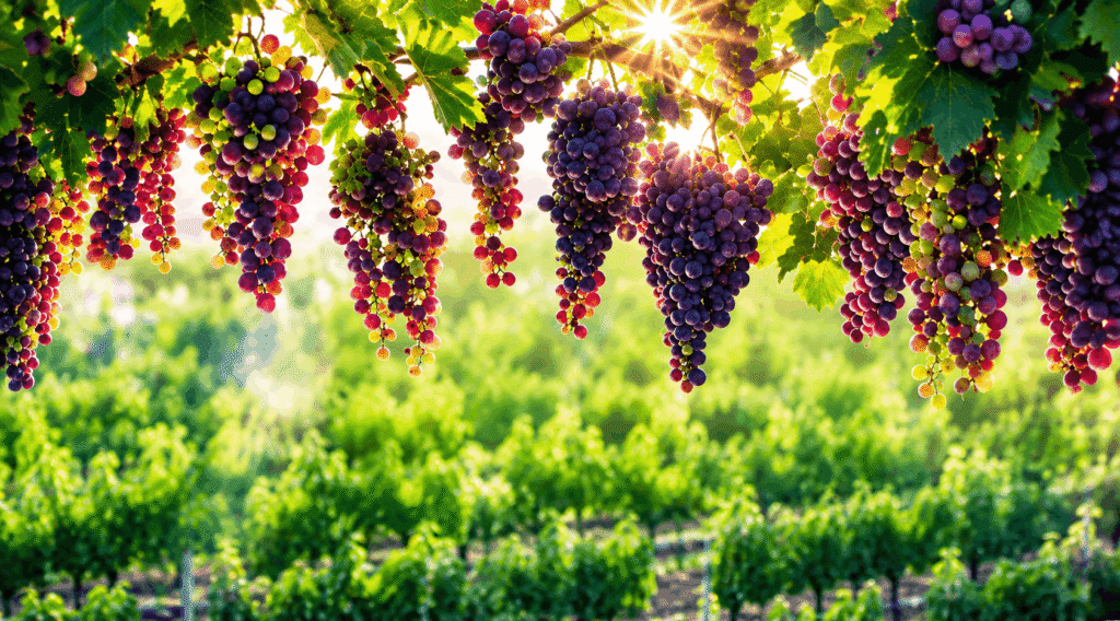 Sunlit grapes hanging on the vine