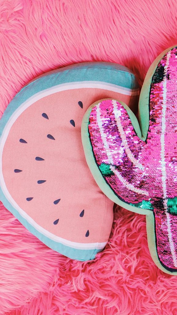 Watermelon cushion with cactus cushion and fur pink background watermelon wallpaper