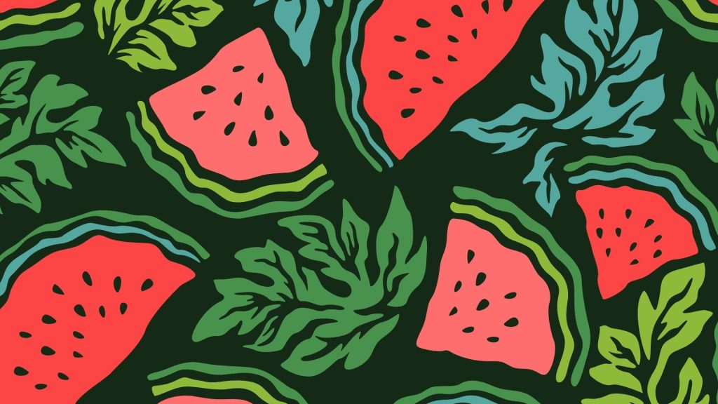 Watermelons pieces with flowers and green background watermelon wallpaper