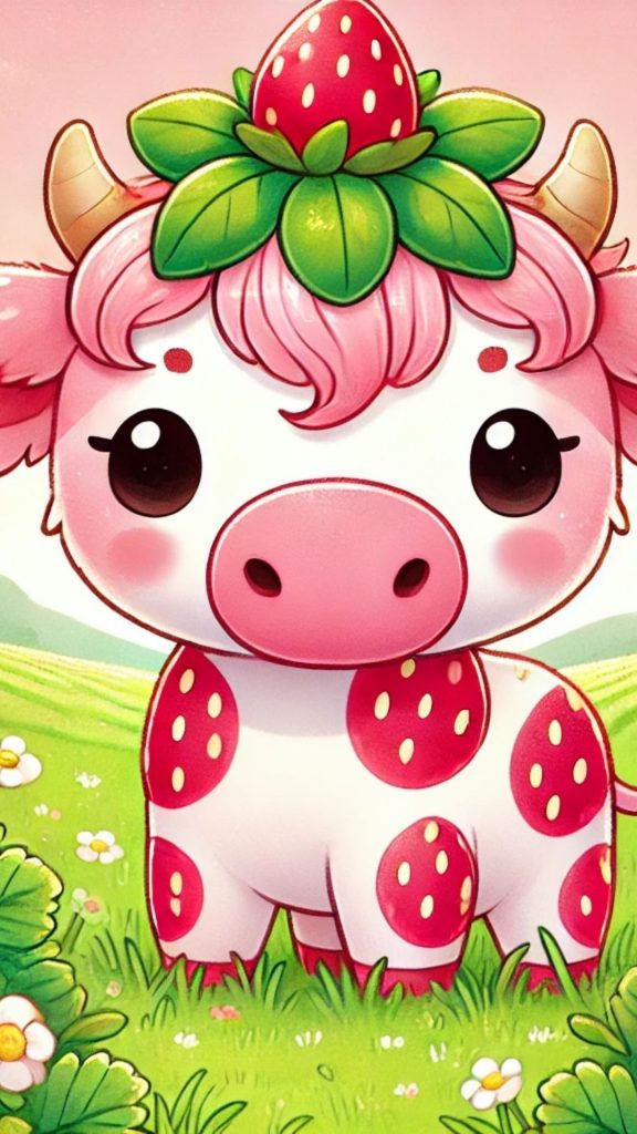 Cute-strawberry-cow-with-strawberry-on-head-with-green-garden-view-Cute-strawberry-cow-wallpapers-576x1024