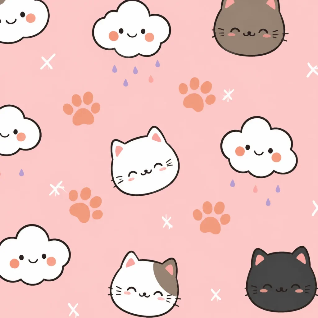 Cute Kawaii Cats and Clouds Pattern