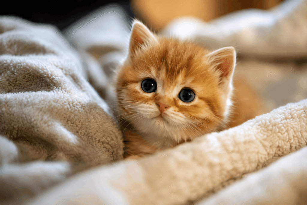 Cozy kitten in soft blankets