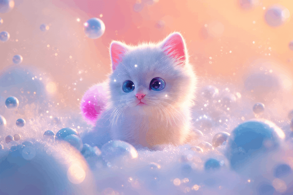 Fluffy kitten in a dreamy bubble world