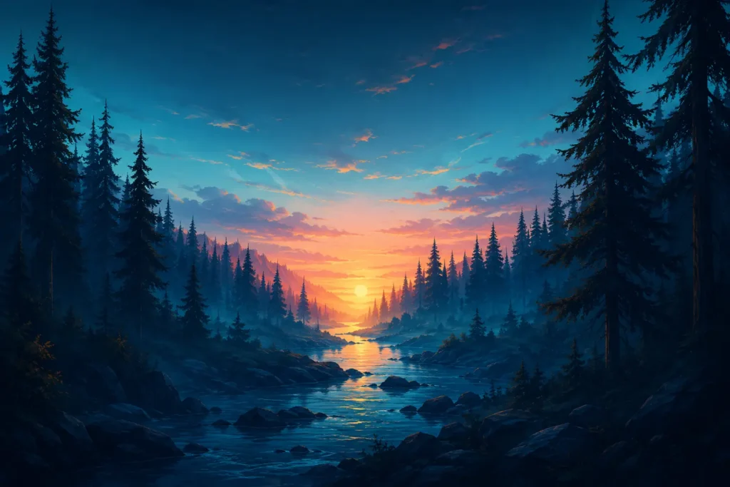 Misty Pine Valley at Sunset