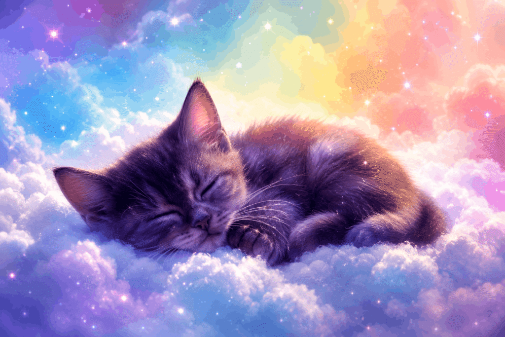 Sleeping kitten in a dreamy sky