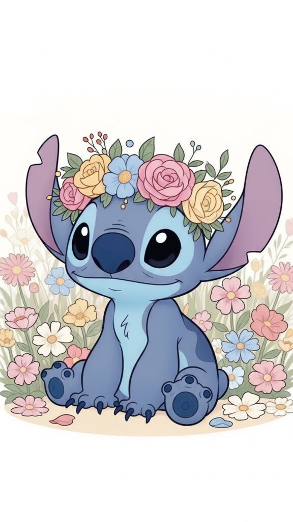 Stitch wallpaper for phone with flowers around