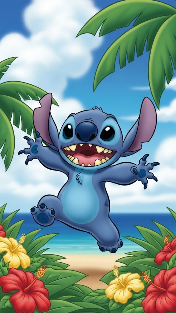Stitch wallpaper for phone sitting with arms wide open