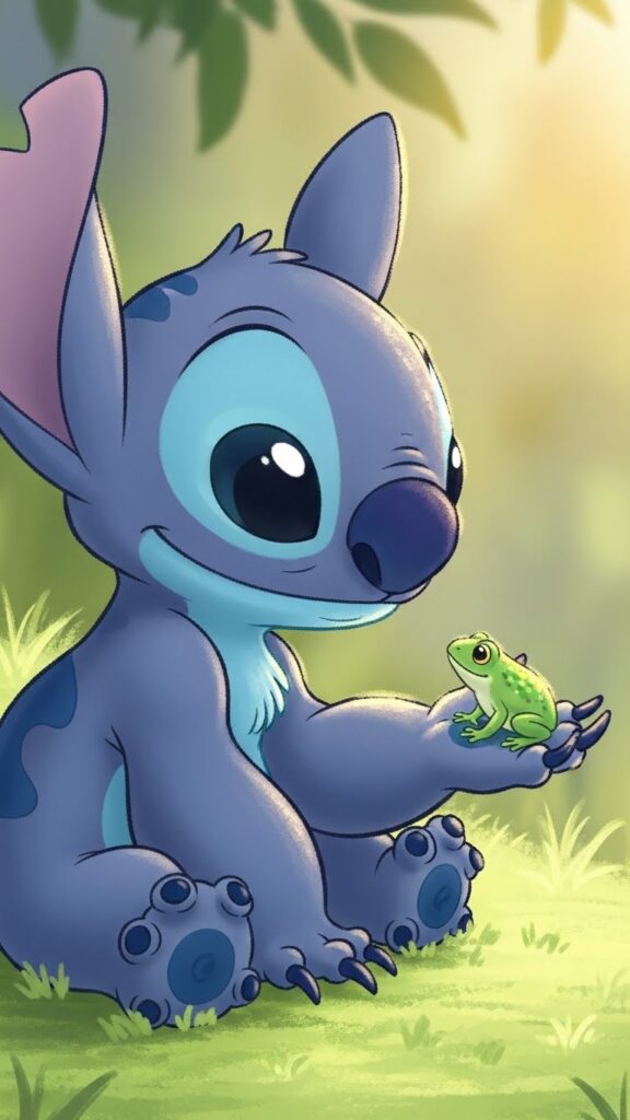 Stitch wallpaper for phone holding a tiny frog