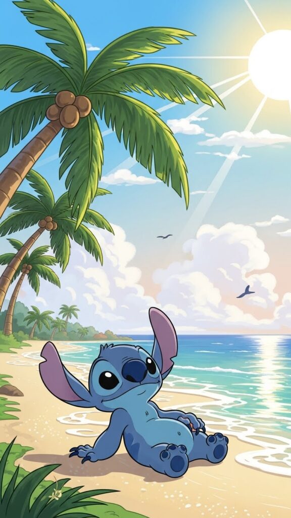 Stitch wallpaper for phone sitting on beach.