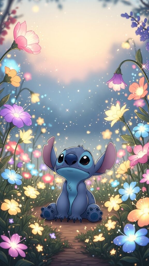 Pastel Stitch wallpaper for phone surrounded by flowers