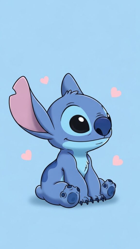 Stitch wallpaper for phone sitting in soft sky blue background