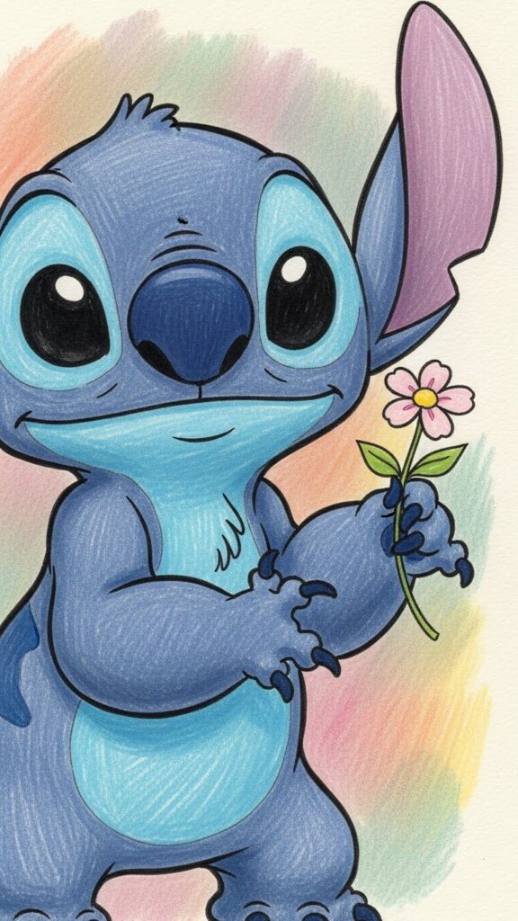 Stitch wallpaper for phone holding a flower gently