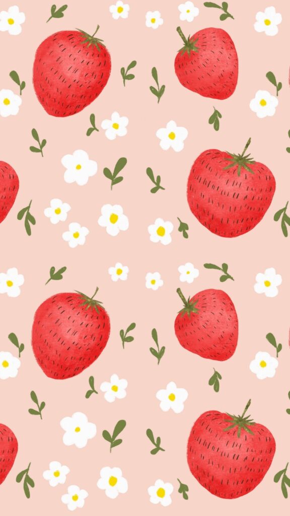 Strawberries and daisies scattered across soft lavender background cute strawberry wallpaper