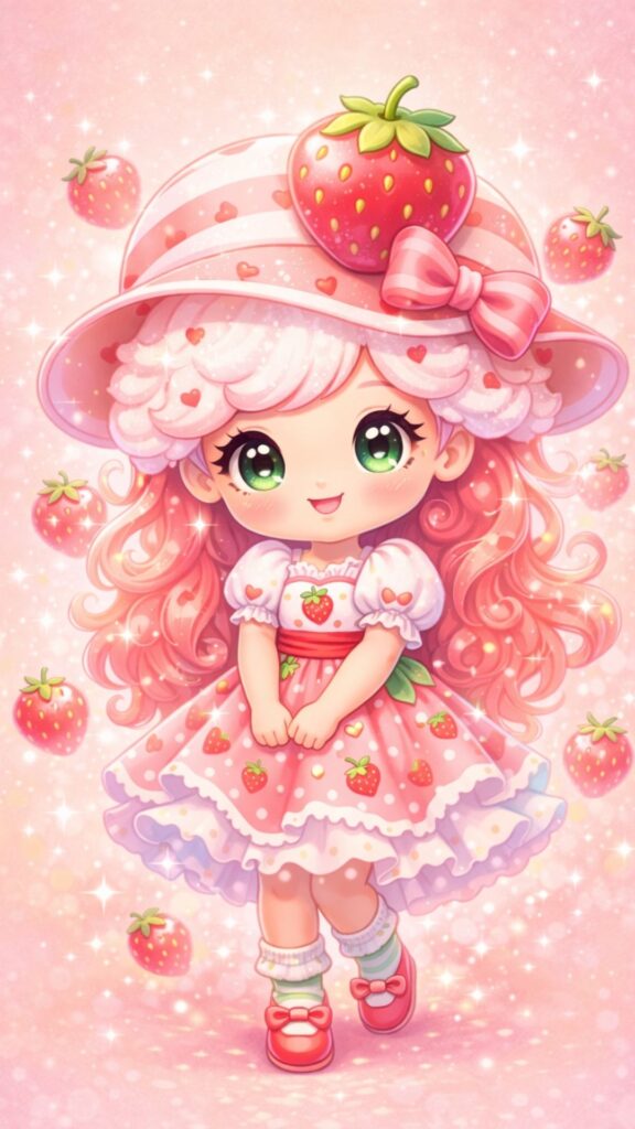Seamless smiling strawberry shortcake on soft blush backdrop cute strawberry wallpaper