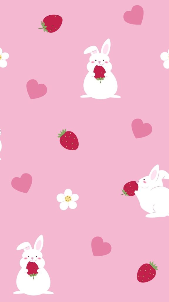 Strawberries with bunnies on pastel background cute strawberry wallpaper